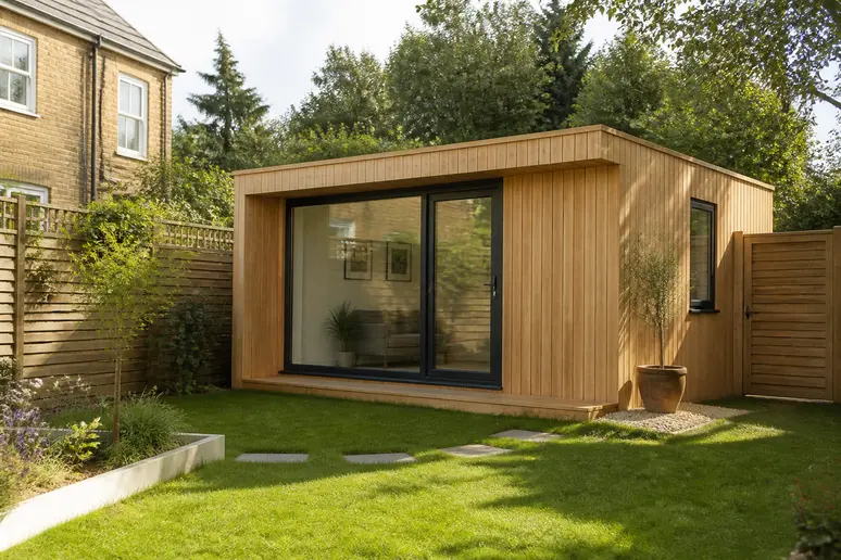 Petite maison en bois installée sur un terrain résidentiel soumis aux règles d'urbanisme