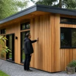 Maison en bois petite installée dans un jardin verdoyant avec une personne inspectant la structure extérieure