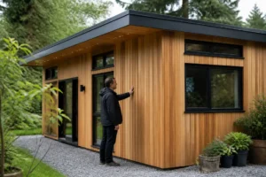 Maison en bois petite installée dans un jardin verdoyant avec une personne inspectant la structure extérieure
