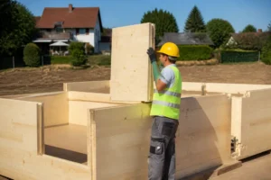 Chantier de maison en kit autoconstruction avec assemblage de blocs en bois par une personne