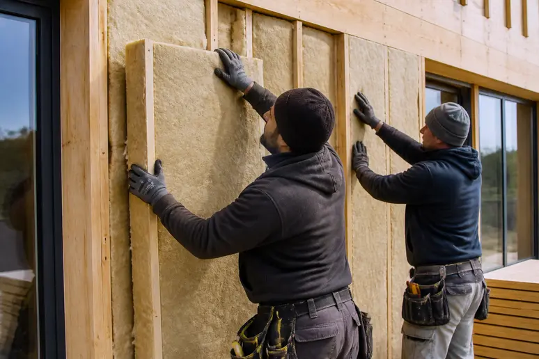 Ouvriers installant des panneaux d'isolation sur une structure bois de maison passive