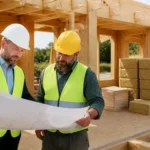 Un maître d'œuvre et un artisan sur le chantier d'une maison passive constructeur en bois