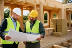 Un maître d'œuvre et un artisan sur le chantier d'une maison passive constructeur en bois