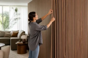 Pose d un panneau mural bois décoratif intérieur moderne dans un salon lumineux
