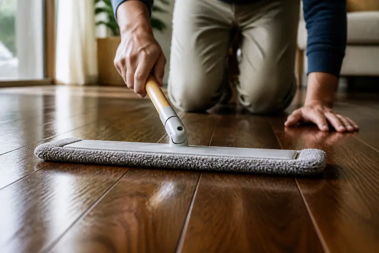 Entretien d'un parquet bois huilé avec une serpillière bien essorée sur les lattes
