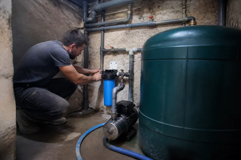 Système de récupération des eaux de pluie avec pompe et gestionnaire pour maison autonome