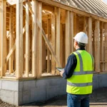 Un conducteur de travaux examine l'ossature d'un chantier pour un Prix maison neuve 100m2 sans terrain en cours de finition.