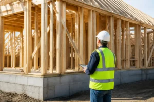 Un conducteur de travaux examine l'ossature d'un chantier pour un Prix maison neuve 100m2 sans terrain en cours de finition.