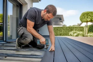 Un artisan pose des lames de Terrasse bois et composite sur une belle terrasse ensoleillée.