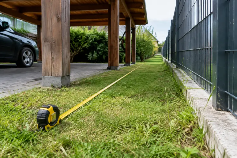 Mesurage de la distance réglementaire entre un abri de jardin avec carport et la limite séparative du voisin.