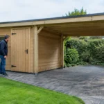 Un abri de jardin avec carport en bois installé dans un jardin résidentiel lumineux