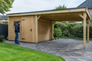 Un abri de jardin avec carport en bois installé dans un jardin résidentiel lumineux