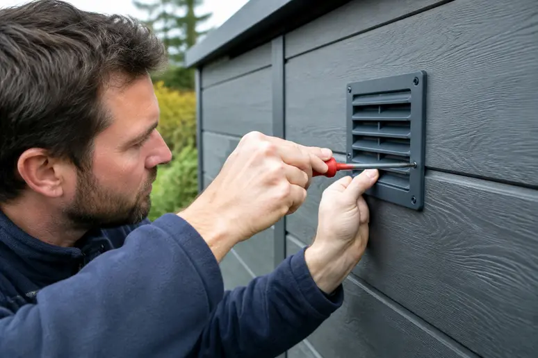 Installation d'une grille d'aération sur la paroi d'un abri de jardin composite pour assurer la ventilation