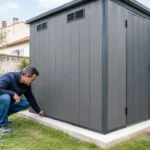 Inspection de la base d'un abri de jardin composite installé sur une dalle en béton.