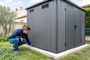 Inspection de la base d'un abri de jardin composite installé sur une dalle en béton.