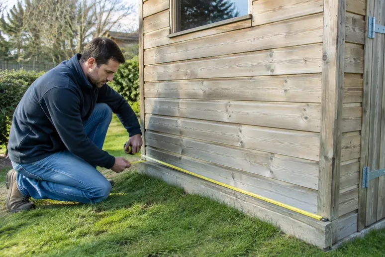 Propriétaire mesurant les dimensions extérieures d'un abri de jardin pour une régularisation