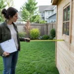 Propriétaire mesurant son nouvel abri de jardin déclaration administrative en cours