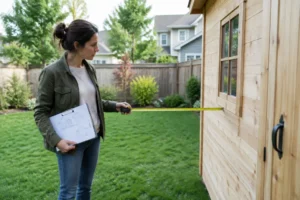 Propriétaire mesurant son nouvel abri de jardin déclaration administrative en cours