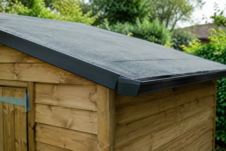 Détail de la pente d'un toit plat sur un abri de jardin en bois
