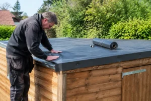 Installation d'une membrane d'étanchéité sur la toiture plate d'un abri de jardin en bois