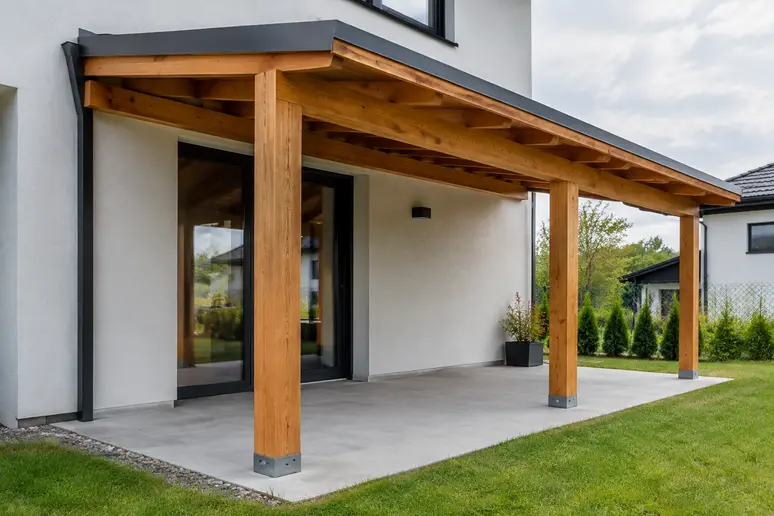 Abri terrasse en bois adossé avec structure poteaux et toiture monopente sur dalle béton