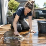 Personne nettoyant des dalles de caillebotis bois terrasse avec une brosse