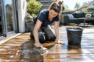 Personne nettoyant des dalles de caillebotis bois terrasse avec une brosse