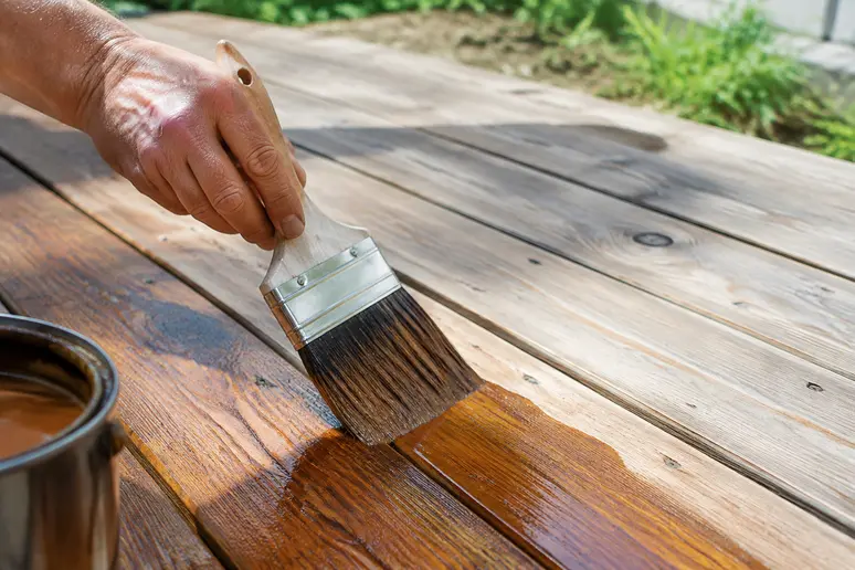 Application d'une fine couche de saturateur sur les lames d'une terrasse en bois