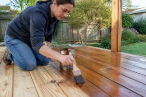 Personne appliquant de l'huile sur des lames de sol pour un bon Entretien terrasse bois au quotidien