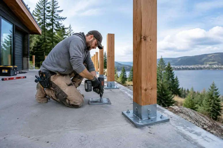 Ancrage d'un garde-corps en bois sur une terrasse surélevée avec des platines métalliques