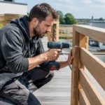 Installation d'un garde corps en bois pour terrasse par un artisan avec une visseuse.