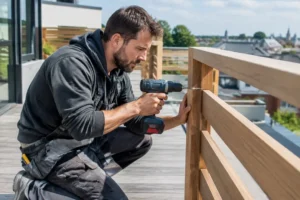 Installation d'un garde corps en bois pour terrasse par un artisan avec une visseuse.