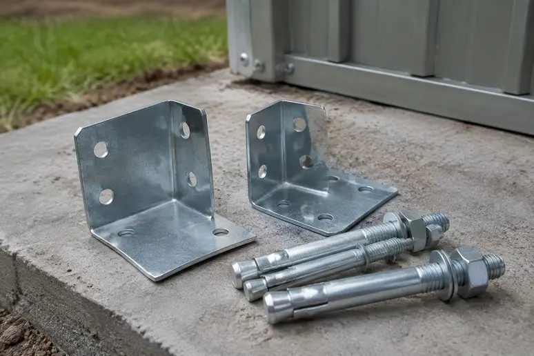 Équerres métalliques et goujons de fixation posés sur une dalle béton pour abri de jardin