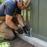 Installation d'un kit d'ancrage abri de jardin sur une dalle en béton avec des outils adaptés.