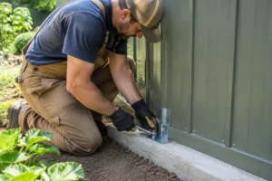 Installation d'un kit d'ancrage abri de jardin sur une dalle en béton avec des outils adaptés.