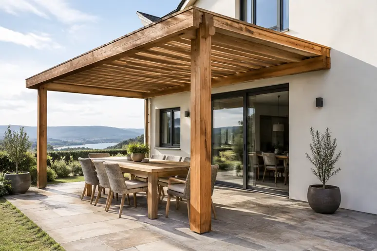 Pergola en bois adossée installée sur une terrasse pavée contre la façade d'une maison.