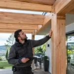 Pergola en bois pour terrasse installée sur une maison moderne avec des poutres robustes