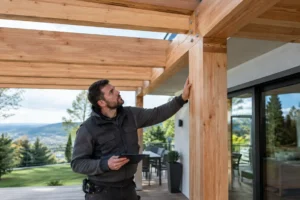 Pergola en bois pour terrasse installée sur une maison moderne avec des poutres robustes