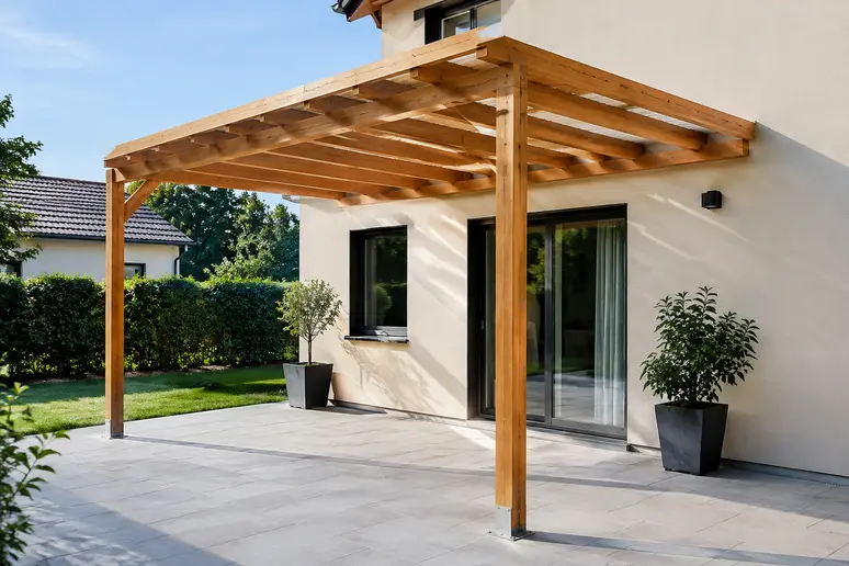Pergola en kit bois adossée sur la terrasse pavée d'une maison.