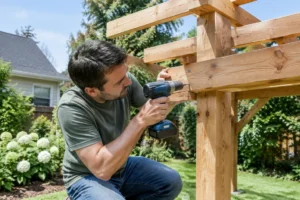 Installation d'une pergola en kit bois en Douglas dans un jardin ensoleillé
