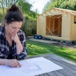 Propriétaire consultant un plan abri de jardin sur une table en bois près du chantier