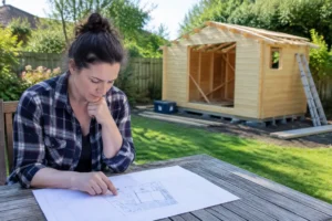Propriétaire consultant un plan abri de jardin sur une table en bois près du chantier