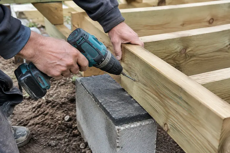 Visseuse sans fil fixant solidement une lambourde de terrasse bois sur son support.