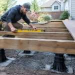 Artisan posant des lambourdes pour une pose terrasse bois dans un jardin