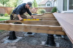 Artisan posant des lambourdes pour une pose terrasse bois dans un jardin