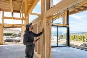 Chantier d'une maison moderne avec un prix m2 ossature bois en construction par des professionnels