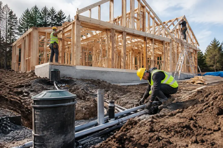 Ouvriers préparant le chantier et les raccordements d'une maison en bois pour évaluer le prix global