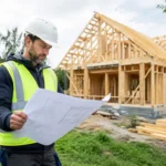 Chantier d'une maison ossature bois avec un chef de projet analysant les plans, illustrant le prix maison bois.