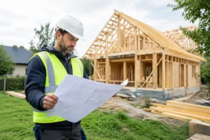 Chantier d'une maison ossature bois avec un chef de projet analysant les plans, illustrant le prix maison bois.