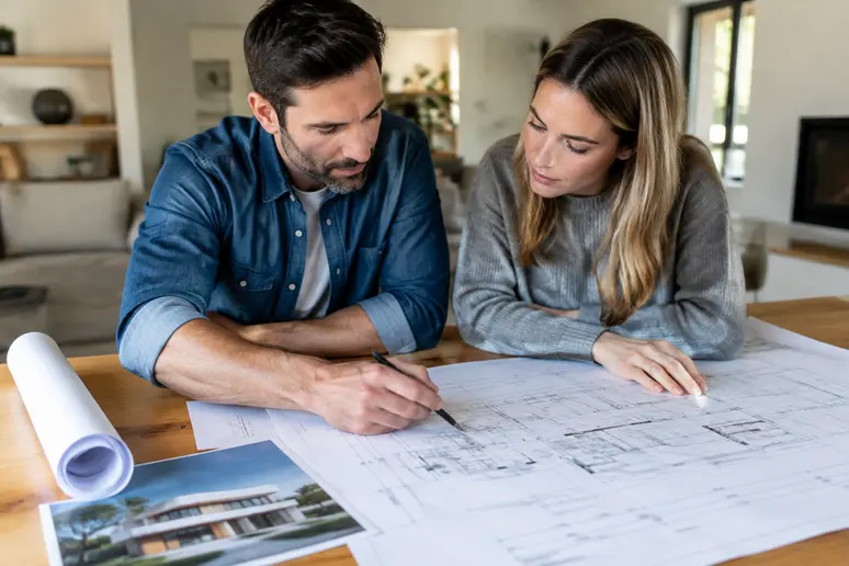 Couple consultant les plans d'architecte pour estimer le budget d'une maison Mikit